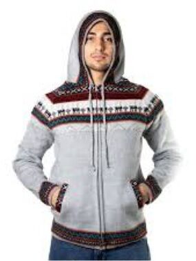 Aly Marka Aztec Light Gray Hooded Zip Sweater with Multicolor Fair Isle Accents